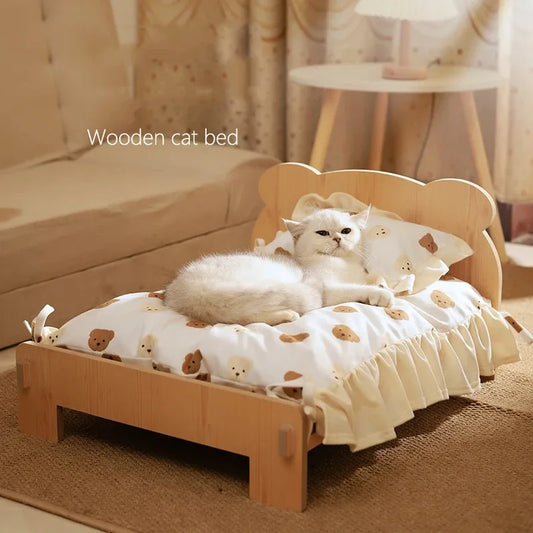 Cat Bed Wooden Cat And Dog Bed With Teddy Bear Pattern Indoor Pet Furniture Floor To Ceiling Bed Comfortable Durable