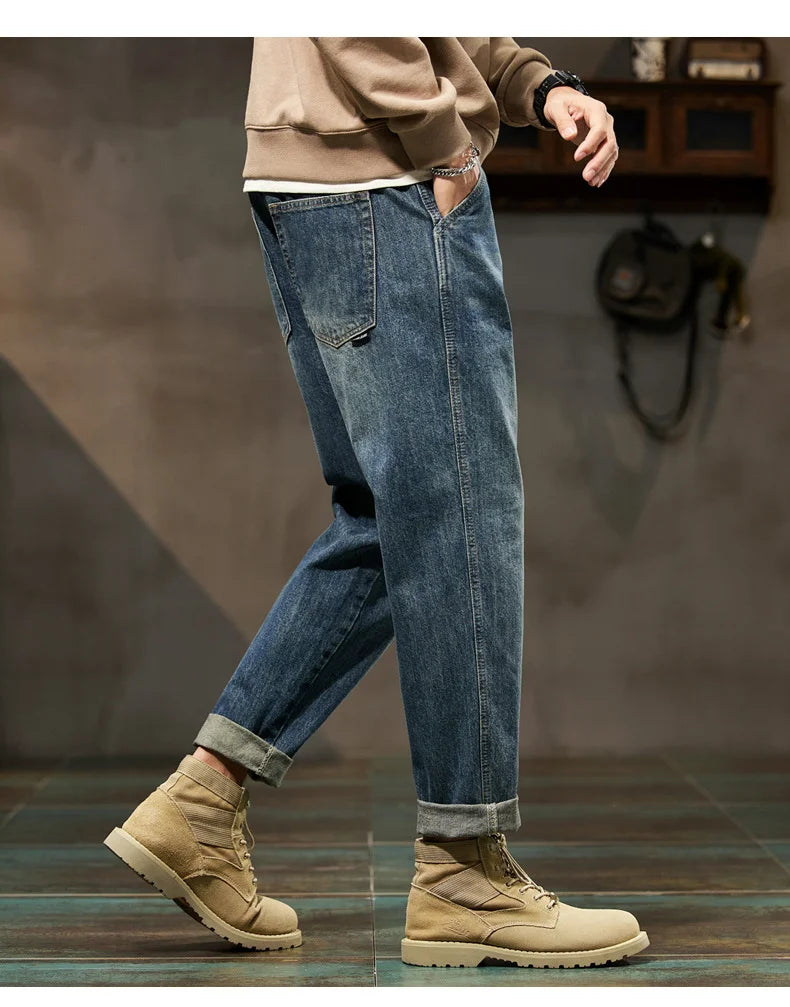 Men's Spring 2026 Loose Harem Pants Denim Retro Solid Comfortable Harajuku Straight Jeans Simple Fashion Versatile Cargo Trouser