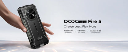 DOOGEE Fire 5 Rugged Phone 13000mAh Large Battery 6.6'' HD+ Display 12GB RAM (3GB+9GB) 64GB ROM Android 15 NFC Smartphone