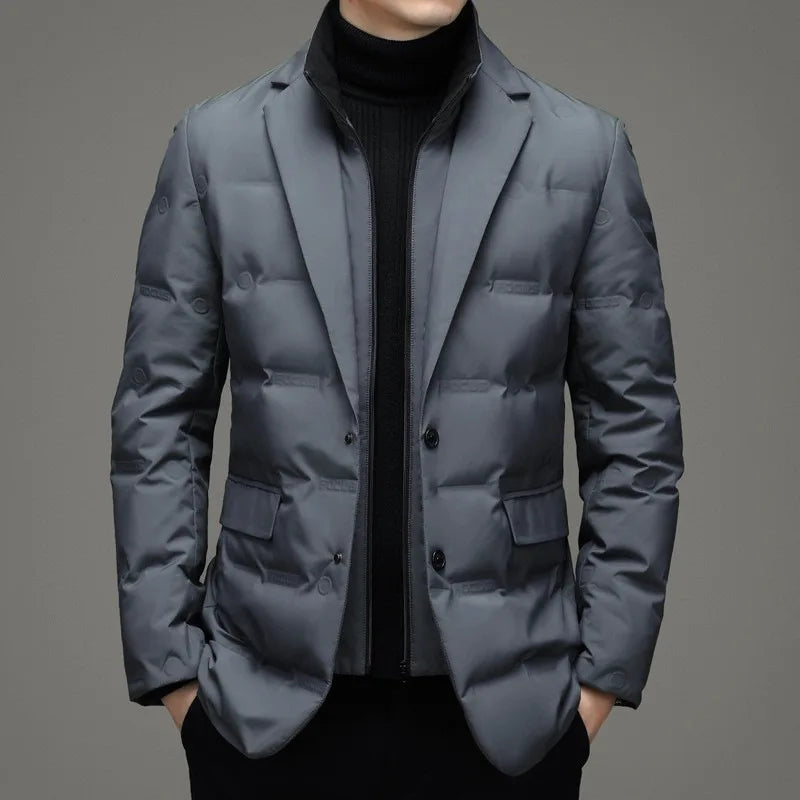 Men's Solid Color Detachable Stand Collar Long Sleeve Casual Business Trendy Down Coats Winter New Fashion Suit Blazers Clothes