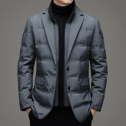 Men's Solid Color Detachable Stand Collar Long Sleeve Casual Business Trendy Down Coats Winter New Fashion Suit Blazers Clothes
