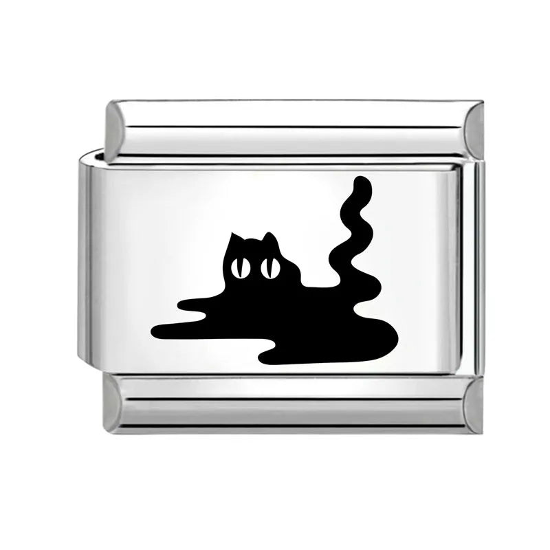 Laser Engraving Cute Cartoon Black Playing Cats Italian Charm Links Fit 9mm Stainless Steel Bracelet Men Women DIY Making Gifts