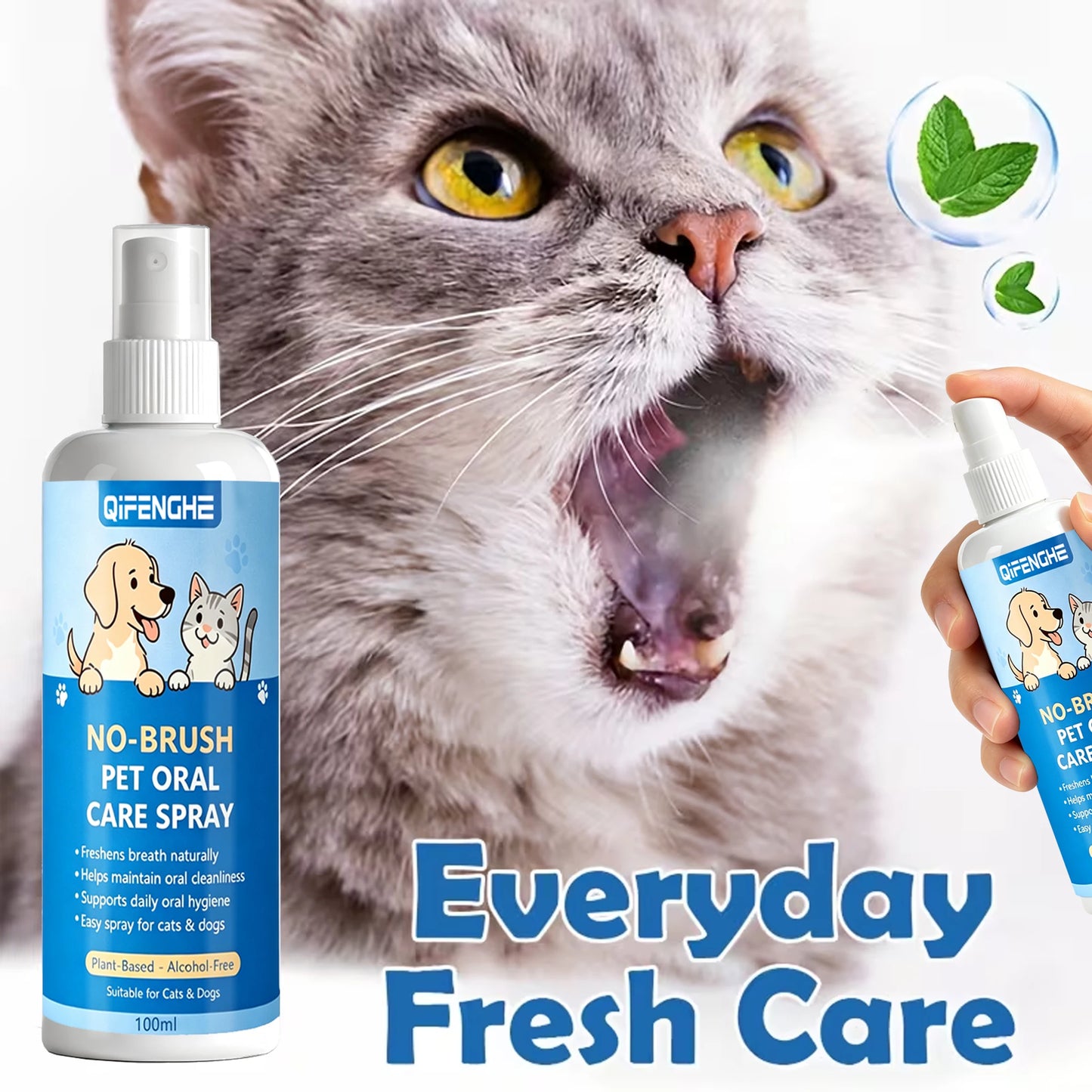 No-Brush Pet Oral Care Spray for Cats & Dogs - Natural Breath Freshener, Alcohol-Free Plant-Based Dental Cleaning Spray for Pet