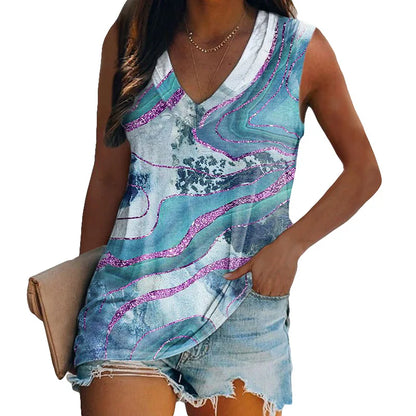 Summer New Gradient 3D Print Tank Top Women Fashion Casual V-Neck Sleeveless Camisoles Off Shoulder Vest Y2k Tops Woman Clothing