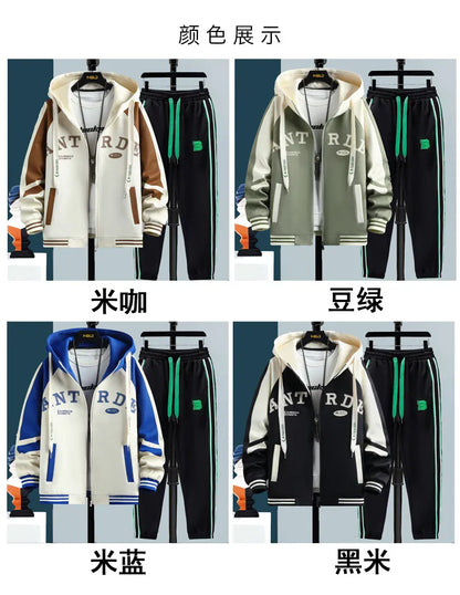 High Quality Running 2 Piece Set Hooded Jacket+Sweatpants Cardigan Long Sleeve Casual Tracksuit Men Sport Brand Clothing Suit