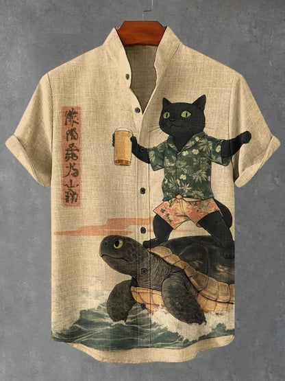Men's Summer Street Style Short Sleeved Shirt Paired With 3D Printed Linen Cardigan, Fashionable Stand Up Collar Breathable Top