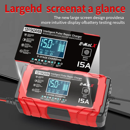 14.6V 15A Lifepo4 Battery Smart Pulse Repair Charger 12V 15A 24V 8A Electric Motorcycles Charger For Lead Acid AGM GEL Battery