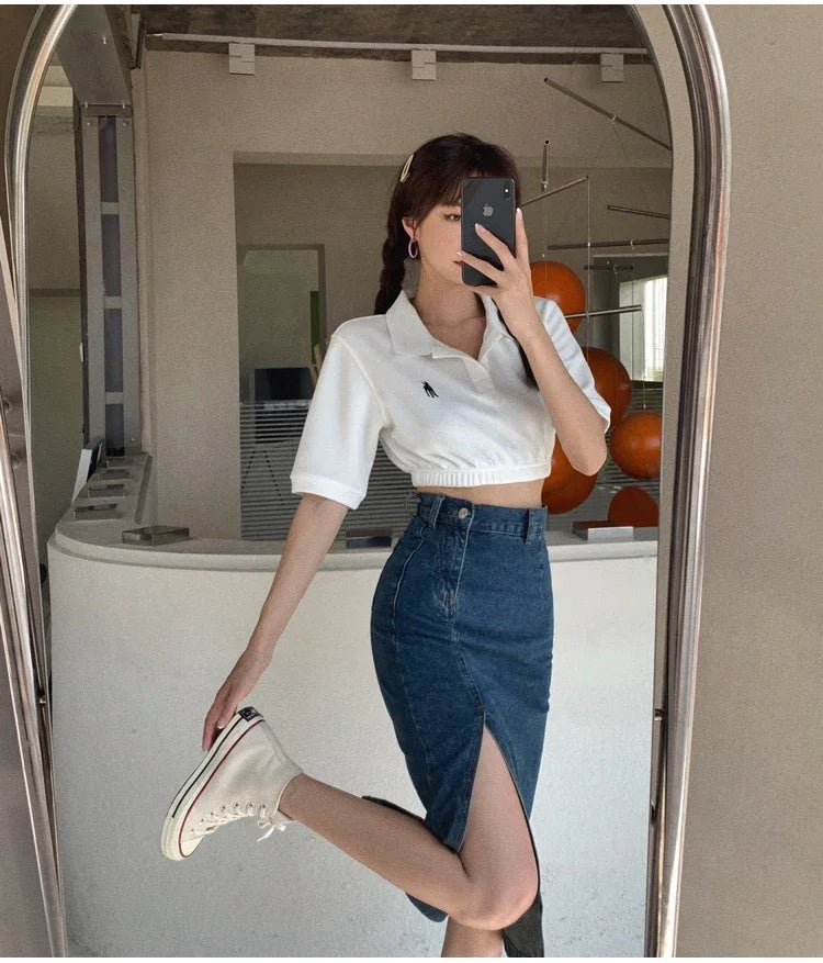 Korean Style Slim Bodycon Blue Skirts For Women 2026 Spring Summer New High Waist Split Denim Midi Skirt