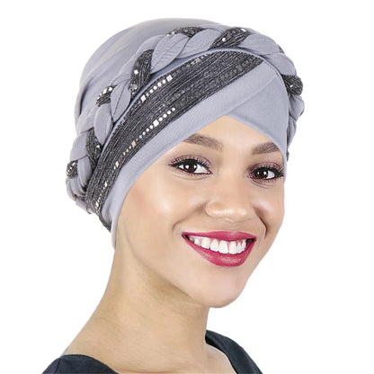 Color Blocked Bright Silk Braid Women Hijabs Turban Hat Solid Color Head Wraps  Pre-tied Elastic Head Scarf Beanies Chemo Cap