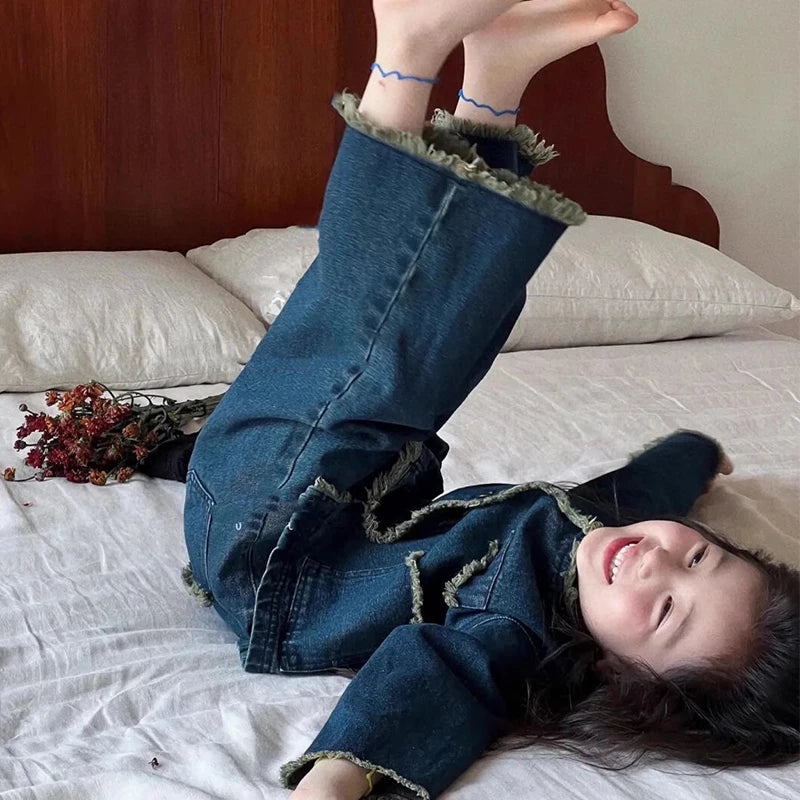 Girls' Denim Set Washed Tassel Vintage Coat+ Loose Pants 2023 Spring And Autumn New Fashion Kids Outfit Casual Clothing Set