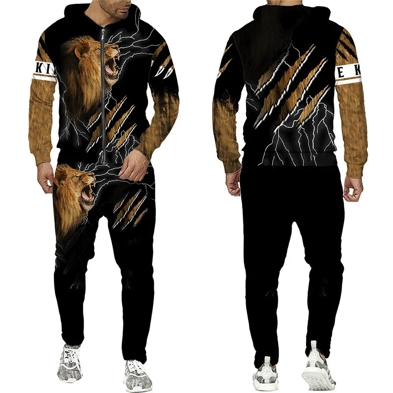 Spring and Autumn Men's Tracksuit 3D The Lion Print Zipper Hoodies Sweatshirts Pants Sets Casual Mens Clothing Women's Tracksuit