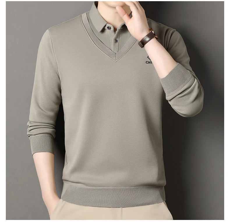 Men's Fleece Lined Sweater Polo Collar Pullover Tops Fashion Business Causal Pullovers Korean Slim Fit Thick Winter Clothes