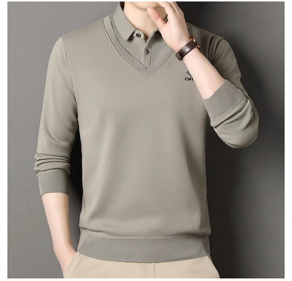 Men's Fleece Lined Sweater Polo Collar Pullover Tops Fashion Business Causal Pullovers Korean Slim Fit Thick Winter Clothes