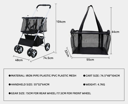 Foldable Pet Stroller, Detachable Dog Cart with Shopping Basket, Lightweight for Camping Picnic