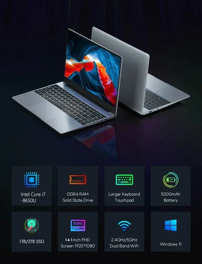 LENO HOT Ultra Slim 14.1" Laptop 32GB 2TB Windows 11 Intel Core i7 8650U Gaming Computer PC Gamer office Notebook 1920*1080 HD