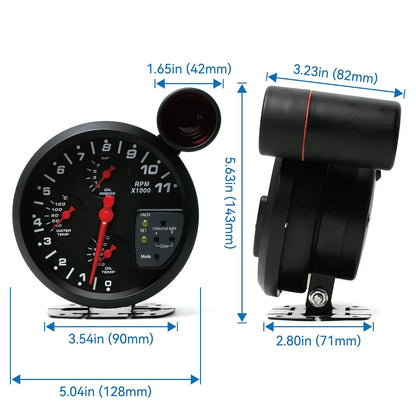 5" Car Gauge 4-in-1 Tachometer Water Temperature Oil Temperature Oil Pressure Gauges Multifunctional Gauge with Alarm Function
