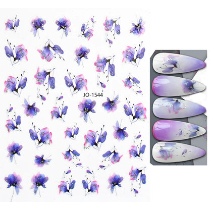 3d Nail Art Decals Watercolor Florals Purple Green Pink Flowers Leafs Fruit Adhesive Sliders Nail Stickers For Manicure