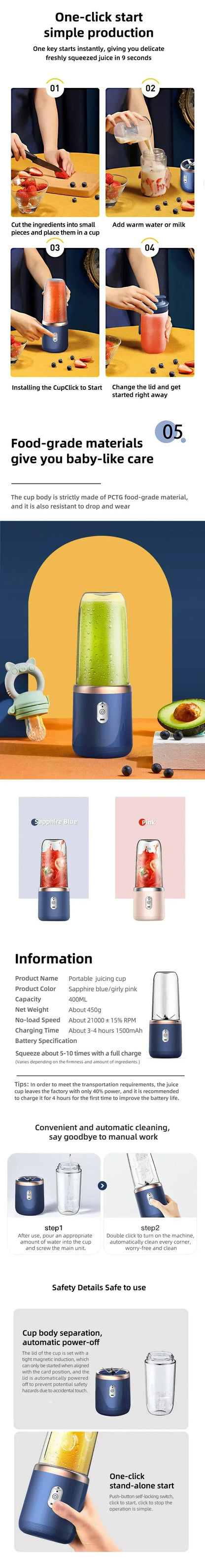 NEW HOT  400ml Portable USB Blender Electric Travel Juicer Cup For Smoothie Milkshake Kitchen Mini Mixer Tool