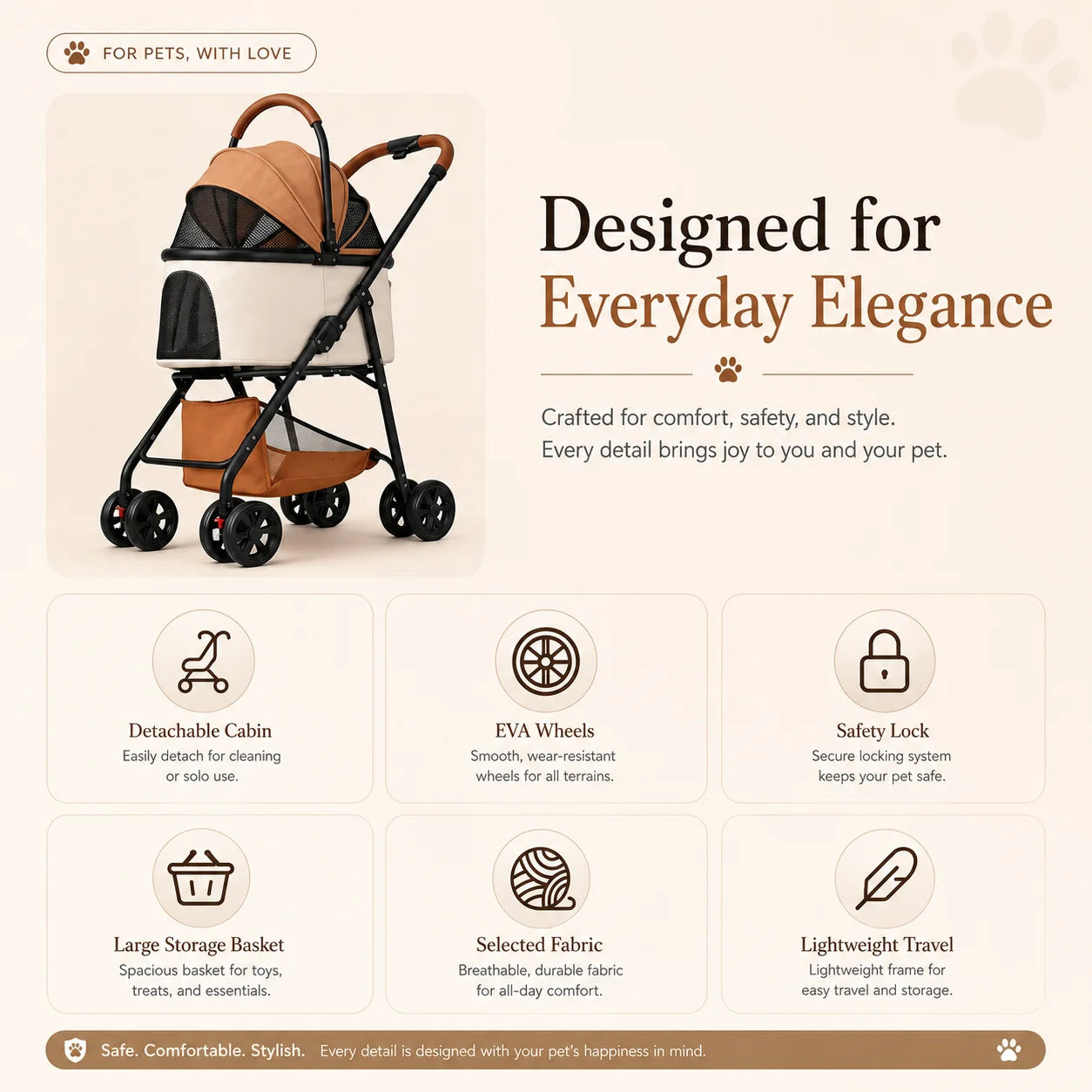 Foldable Pet Stroller Detachable Cabin Large Lower Basket Breathable Mesh Canopy For Cats Small Dogs Portable Travel Carrier