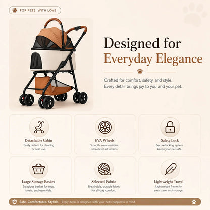 Foldable Pet Stroller Detachable Cabin Large Lower Basket Breathable Mesh Canopy For Cats Small Dogs Portable Travel Carrier