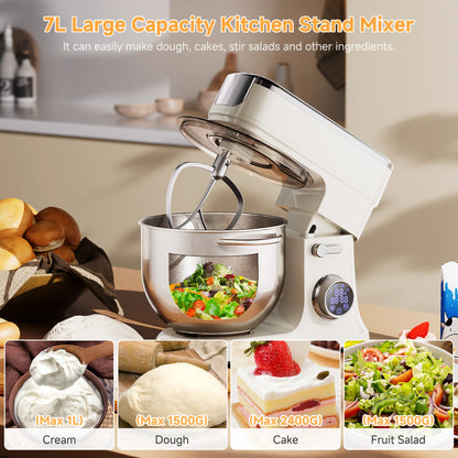 BioloMix 7L Stand Mixer for Baking 1200W DC Motor with Dough Hook Whisk Beater Meat Grinder Attachment - Food Mixer
