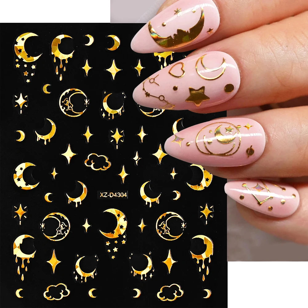 12Pcs 3D Gold Star Moon Sun Nail Stickers 10*8cm Y2K Starlight Self-adhesive Nail Decals Snake Cat Slider DIY Manicure Accessory