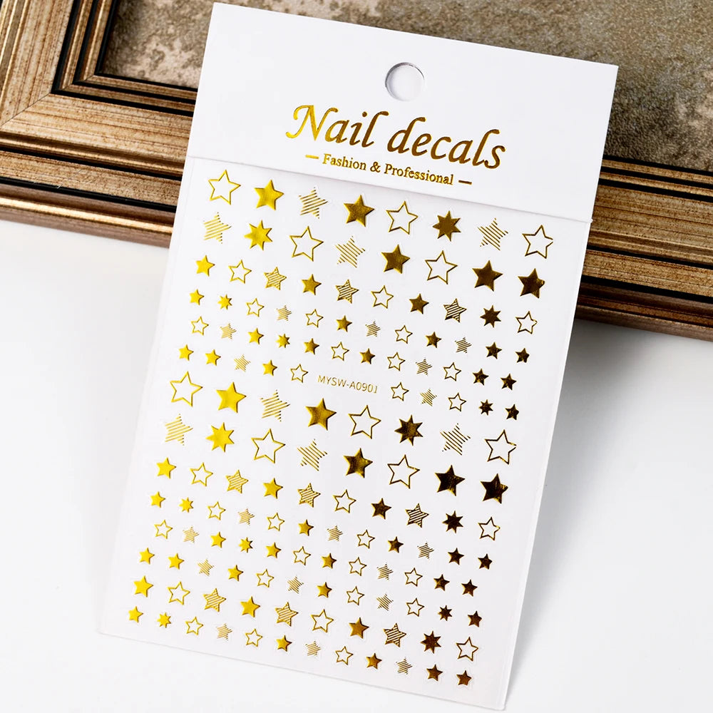 Black White Star 3D Nail Art Sticker Y2K Pentagram Self-Adhesive Decals Laser Shiny Glitters Starlight Manicure Ornaments Slider