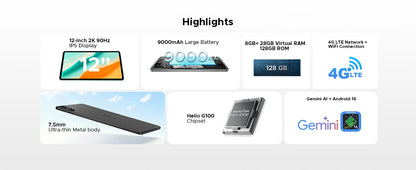 DOOGEE Tab G6 Pro Tablet PC Android 16 Gemini AI 12'' 2K Display 9000mAh Battery 8GB  RAM 128GB ROM Ultra-thin Body Smart Pad