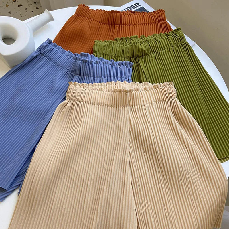 Women Casual Wide Leg Shorts 2025 Summer Elastic High Waist Pleated Shorts Woman Solid Color Loose Ice Silk Knee-Length Pants