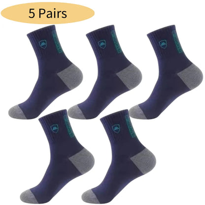 5 Pairs Cotton Sock for Men Sport Breathable Soft Letter Fashion Sneakers High Elastic Middle Tube Stocking Towel Sox Summer