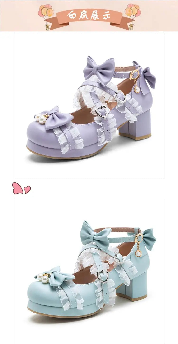NASBAVI White Lace Bow Cosplay High Heels Women Cross Strap Buckle Platform Mary Jane Shoes Female Party Princess Lolita Pumps