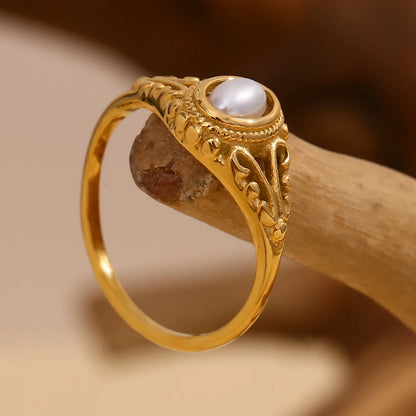 E.B.belle Thin 18K Gold Plated Hollow Texture Natural Freshwater Pearl Rings For Women Stainless Steel Tarnish Free Gold Ring