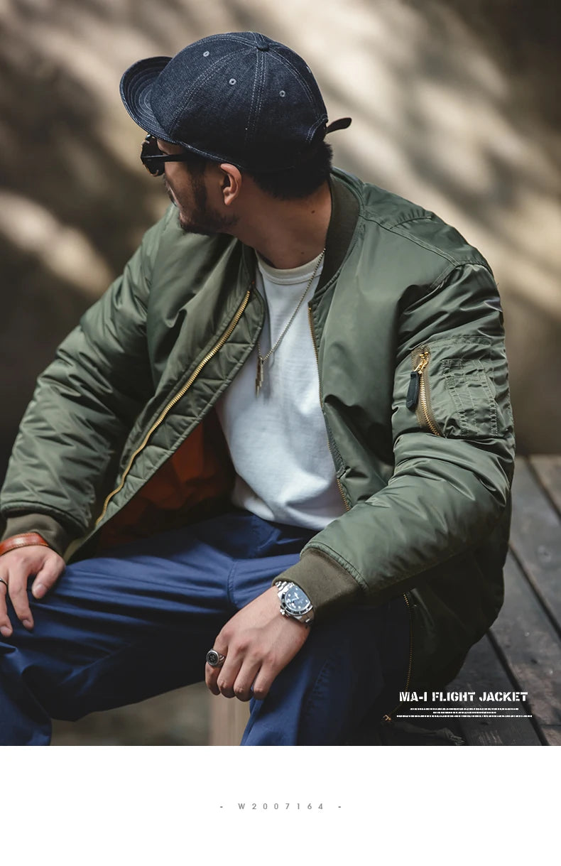 Maden Vintage MA1 Pilot Jacket Green Thickened Cotton-padded Jacket Casual Baseball Pockets Flight Zipper Outwear for Men's Fall