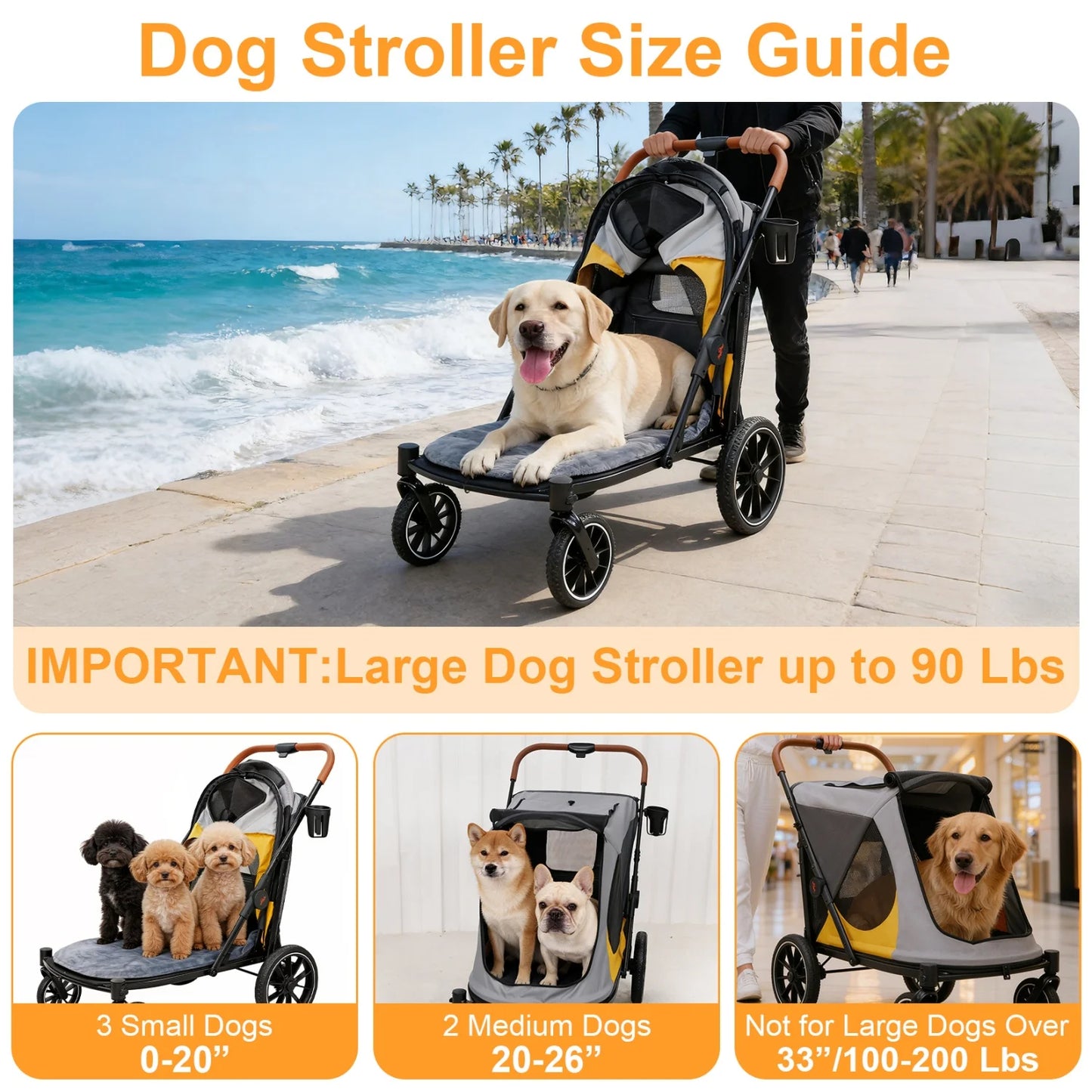 One-Click Folding Dog Stroller for Large Dogs Outdoor Pet Jogger Wagon Stroller Carrier with Storage Pockets 4 Wheels Pet Travel Stroller