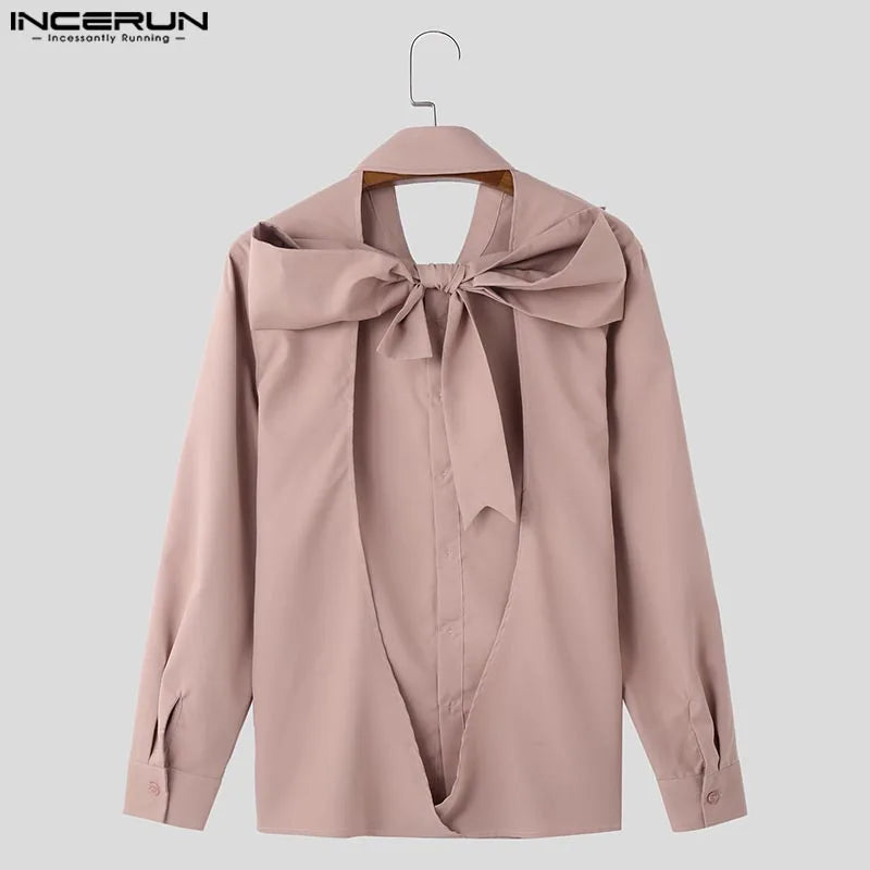 INCERUN Fashion New Men's Tops Backless Bow Design Shirt Sexy Casual Male Solid Comfortable Long Sleeved Lapel Blouse S-5XL 2025