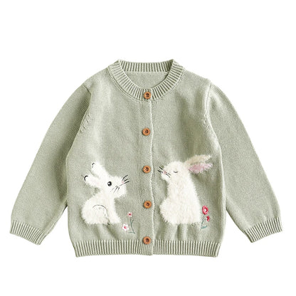 Baby Girls Embroidery Sweater Cardigan Autumn Fashion Cotton Floral Collar Kids Knitted Cardigan Rabbit Coat Outerwear Korean