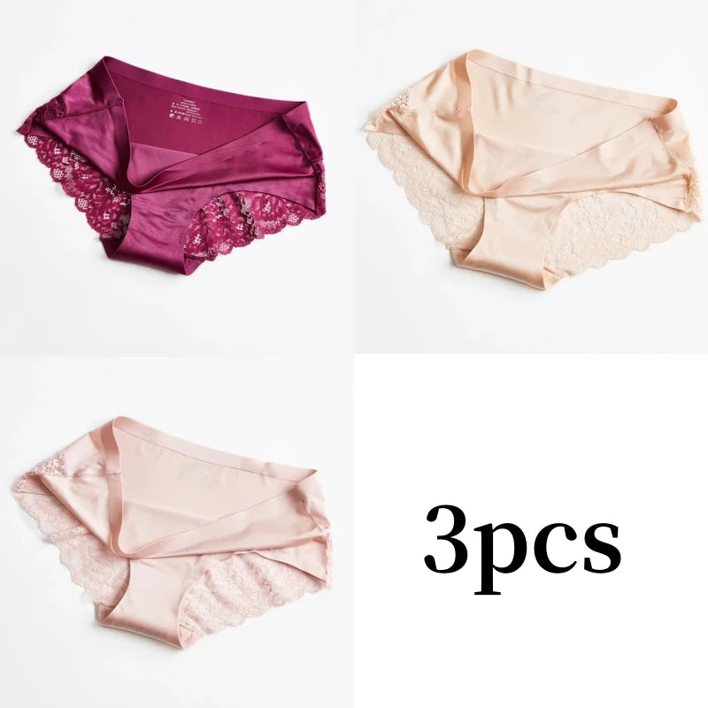3pcs Lace Women's Panties French Seamless Underwear Female Ice Silk Briefs Solid Color Breathable Underpants Lingerie