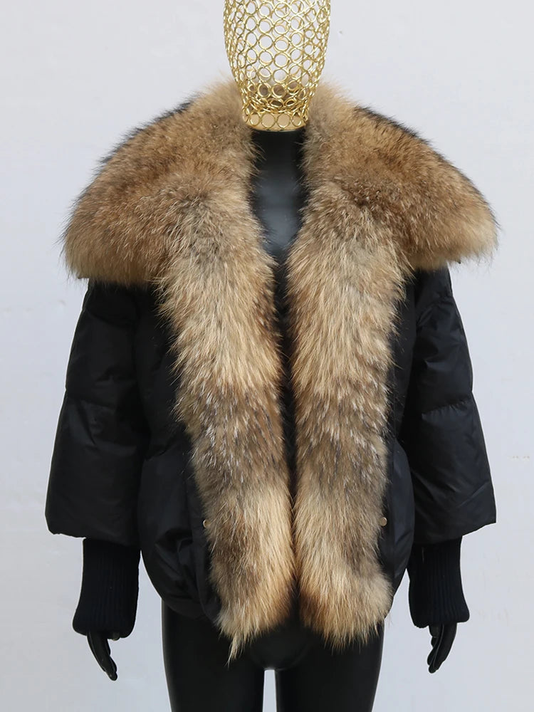 Oversized Winter Warm Real Fox Fur Collar Black Down Coat Women Puffer Outerwear Jackets 2024 Autumn Winter