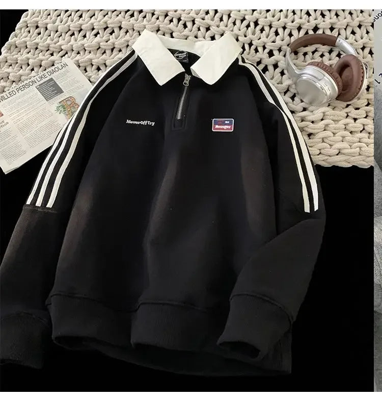 American Style Autumn Winter Oversize Sweatshirts Men Lapel Letter Zipper Printing Label Fashion Trend Long Sleeve Loose Hoodies