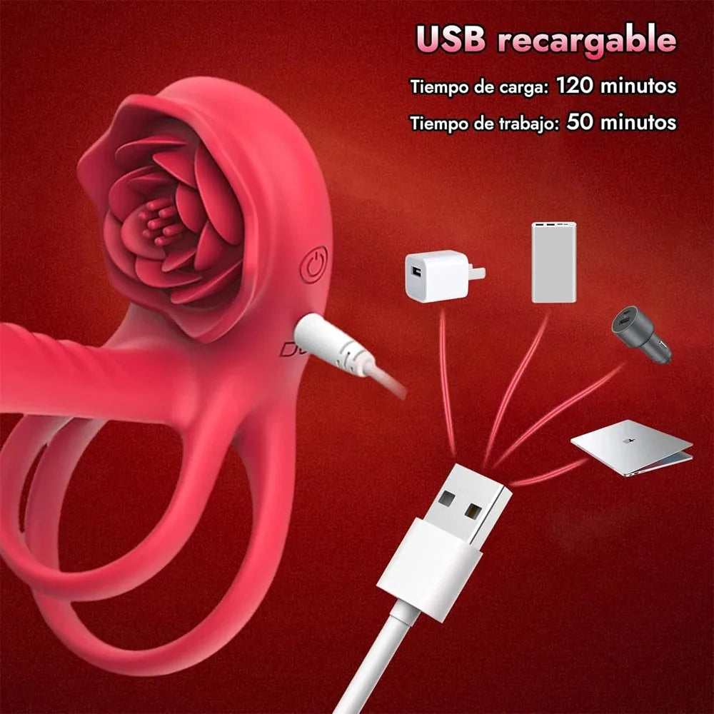 Male Penisring Delay Ejaculation Rose Lock Ring Vibrator G Spot Nipple Clitoral Stimulator for Women Sex Toys for Couple 18+