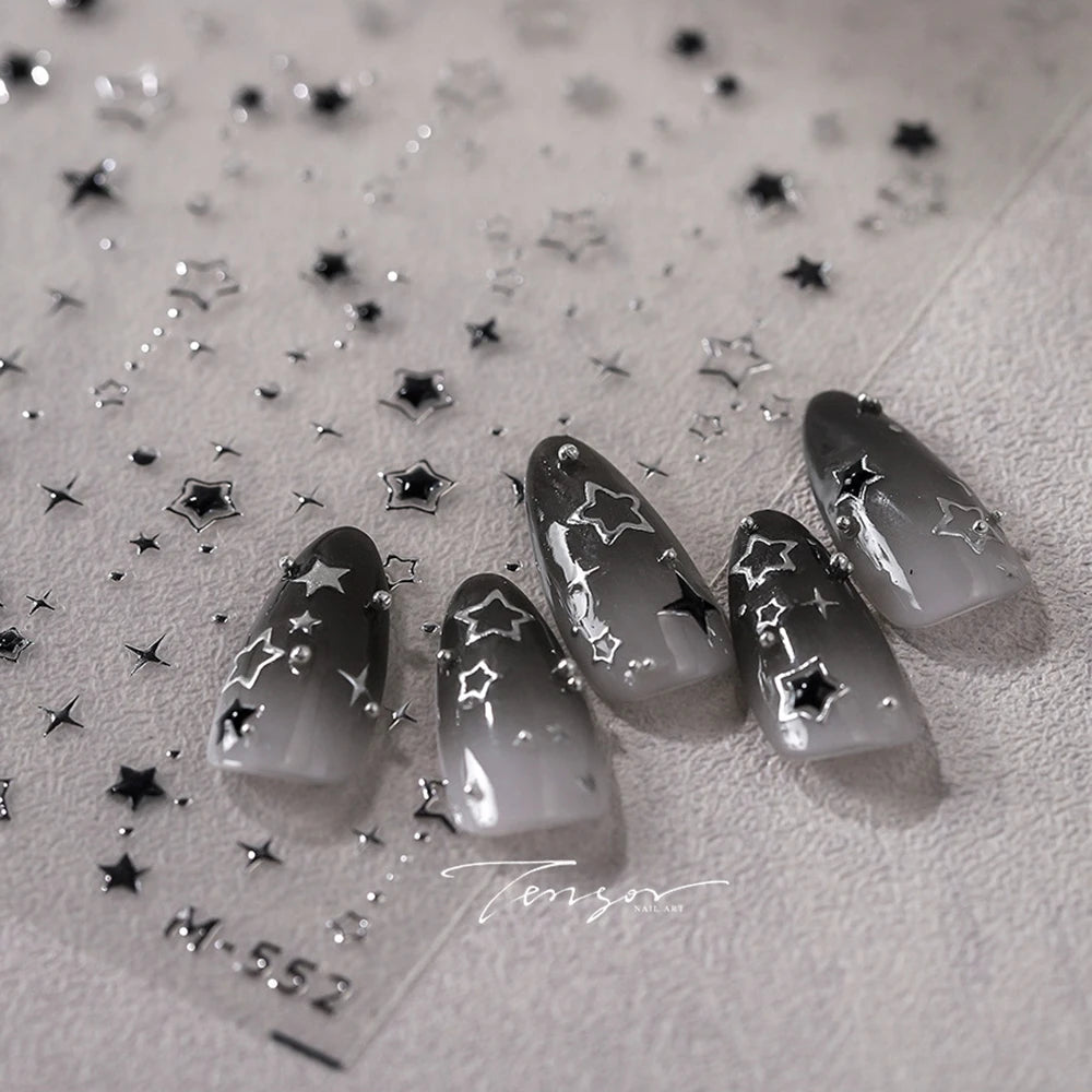 5D Luxury Star Nail Stickers for Nail Art Stars Black Silver Nail Decals Gilding Hollow Out Five-Pointed  Nail Art Design Slider
