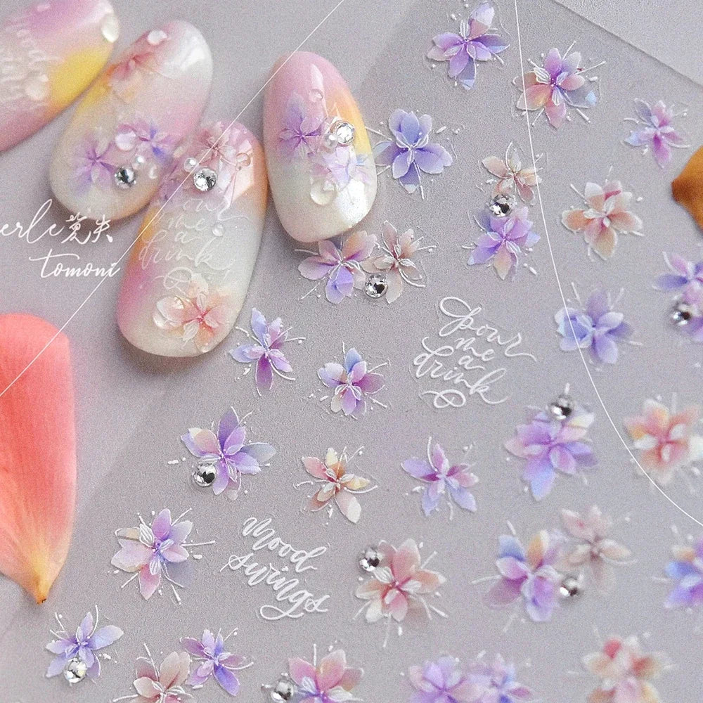 White Flower Petal Cherry Blossom Peach Blossom Falling Petal Floral Gradient 5D Self Adhesive Nail Art Sticker Manicure Decals