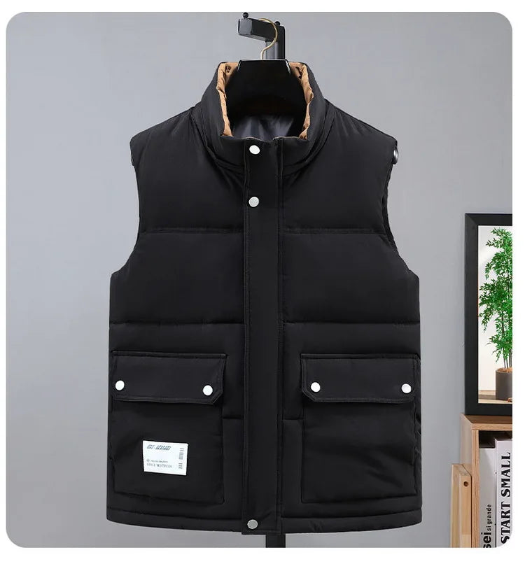 2024 Autumn Winter Men Thicken Cotton Waistcoat Sleeveless Vests Jackets Warm Detachable Hat Outerwear Male Zipper Hooded Coats
