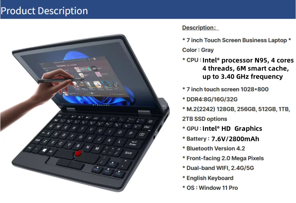 7 inch Pocket Laptop N95 Notebook Touch Screen Portable Netbook Win 11 Pro 8GB 16GB+1TB Mini PC Micro Computer Bluetooth 4.2