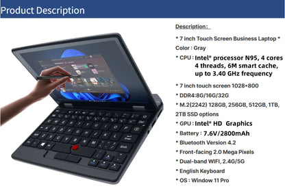 7 inch Pocket Laptop N95 Notebook Touch Screen Portable Netbook Win 11 Pro 8GB 16GB+1TB Mini PC Micro Computer Bluetooth 4.2