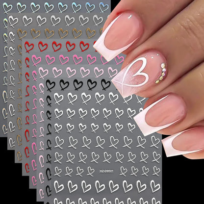 8Colors 3D French Love-Heart Nail Stickers Hollow Sweetheart Adhesive Nail Decals DIY Valentine's Day Simple Manicure Decoration
