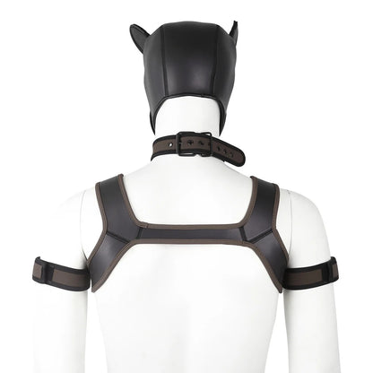 Large Size Puppy Cosplay Neoprene Fetish Hood Mask Kit with Chest Strap Collar Armband Sex Costumes for Bdsm Slave Role Play
