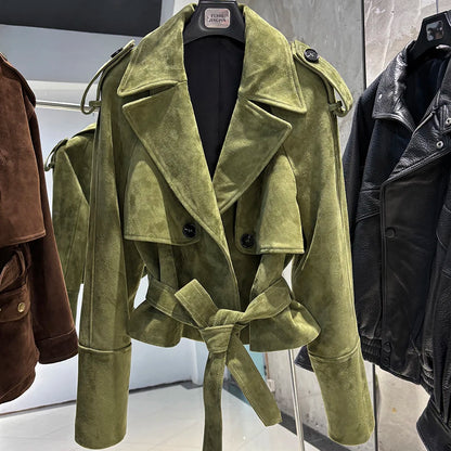 YOLOAgain Vintage Grain Leather Jacket Women Real Leather Sheepskin Jacket With Belt