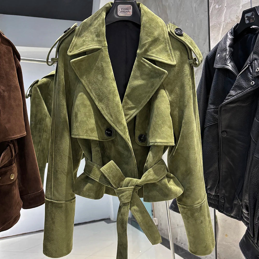 YOLOAgain Vintage Grain Leather Jacket Women Real Leather Sheepskin Jacket With Belt