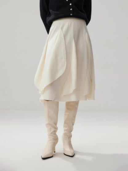 French 100% Pure Cashmere Skirt Ruffle Irregular A-line Soild Midi Sirt Autumn Winter Women Elegant Pleated  Knit Dress Fashion